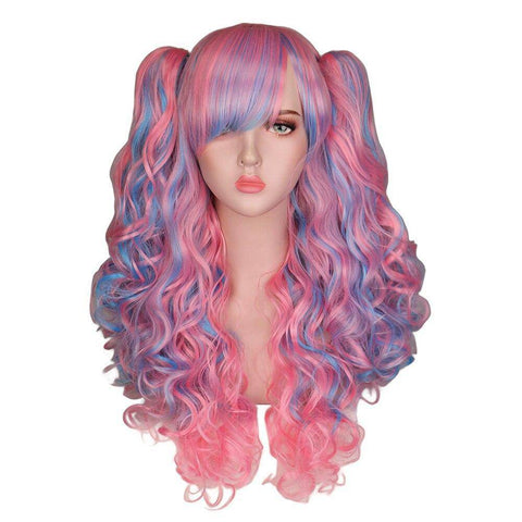 Blauwe en roze pruik